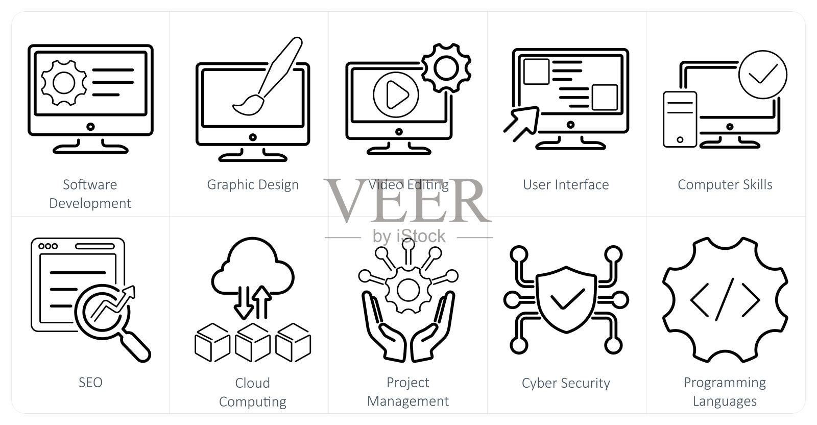 一套10个硬技能图标作为软件开发，平面设计，视频编辑插画图片素材
