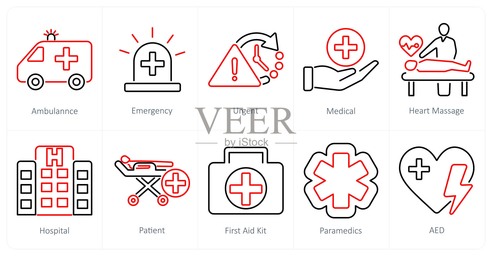 10个急救图标，如救护车、急救、紧急插画图片素材