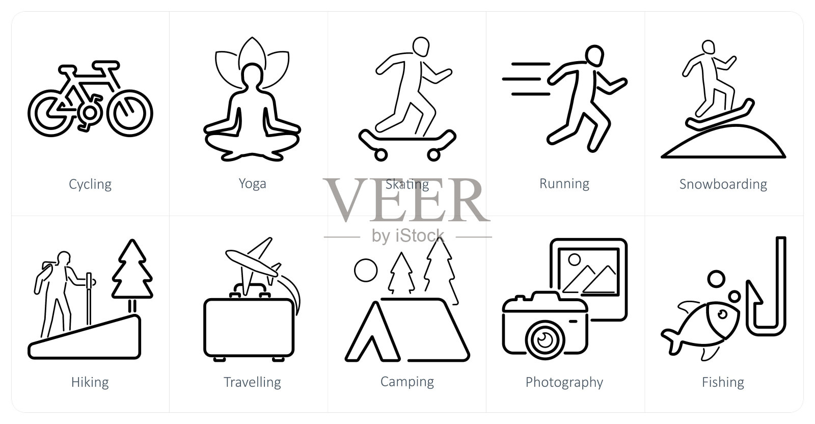 一套10个爱好图标，如骑自行车，瑜伽，滑冰插画图片素材