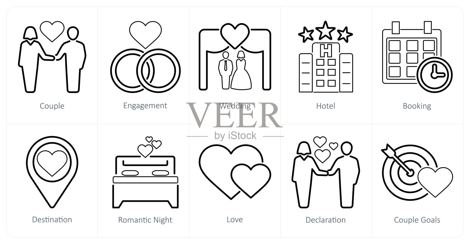 一套10个蜜月图标作为夫妇，订婚，婚礼插画图片素材