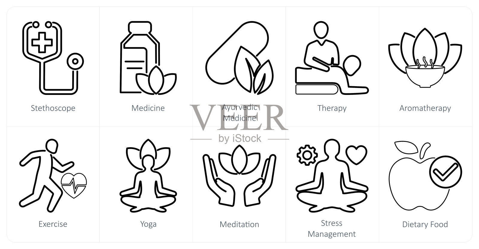 一套10个混合图标作为听诊器，医学，阿育吠陀医学插画图片素材