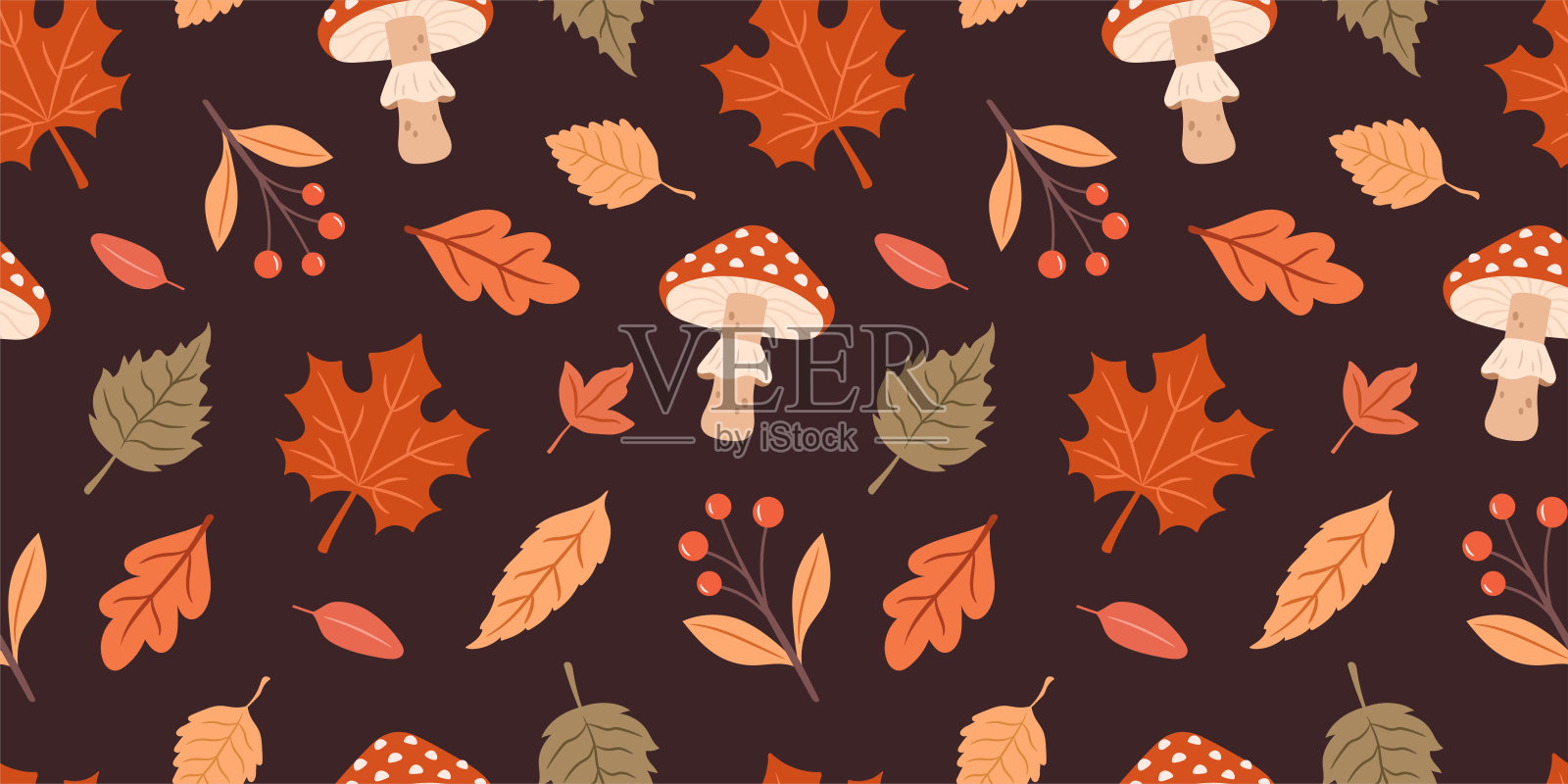 舒适的秋天图案与蘑菇和树叶插画图片素材