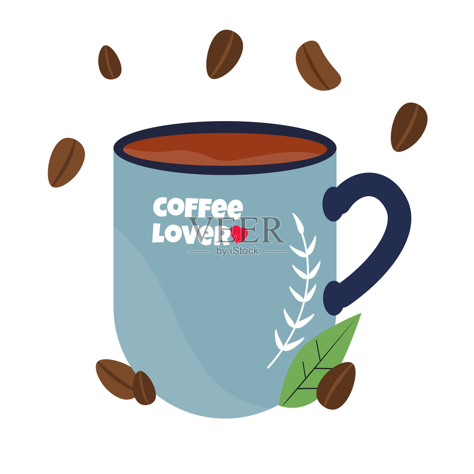 可爱的茶杯人物与咖啡豆插画图片素材