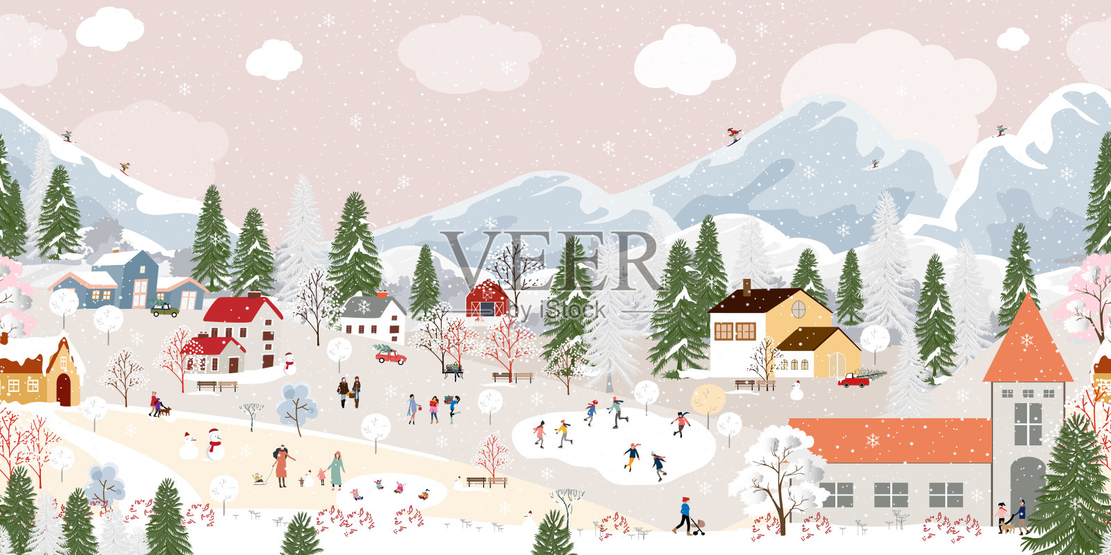 冬天的背景。无缝图案村庄景观人们庆祝平安夜，新年在城里，冬天仙境与粉红色的天空，雪落快乐的孩子在城市公园玩耍，矢量圣诞横幅插画图片素材