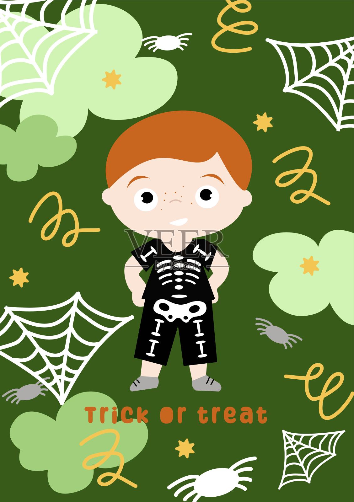 万圣节快乐卡片，男孩在万圣节派对上穿着狂欢节骷髅服装。矢量插图与万圣节的孩子插画图片素材