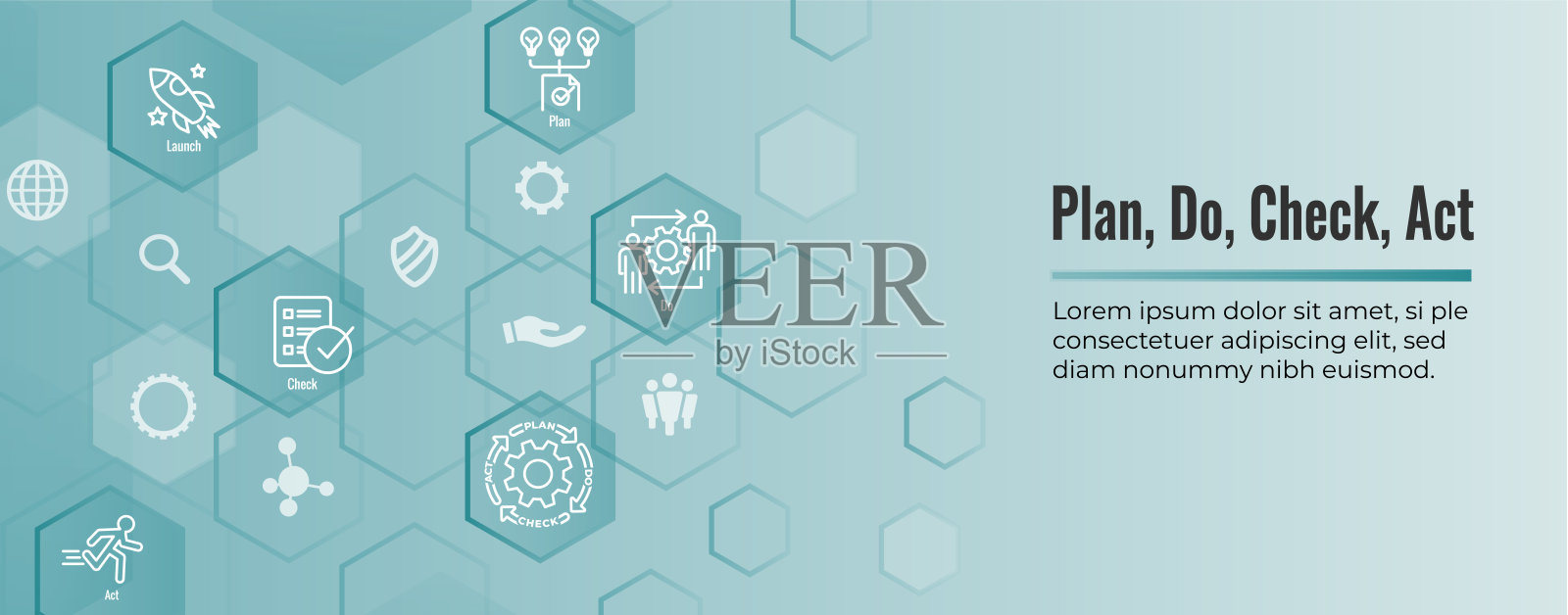 计划、执行、检查和行动业务策略-持续改进图标集和网页标题横幅的程序插画图片素材