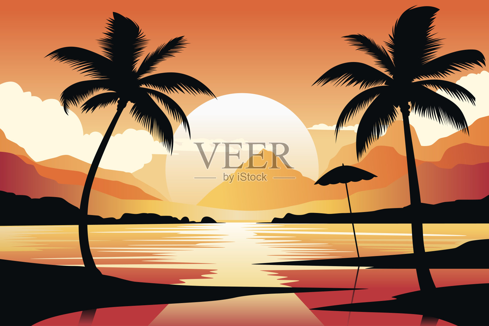 海滩棕榈树景观背景矢量插图插画图片素材