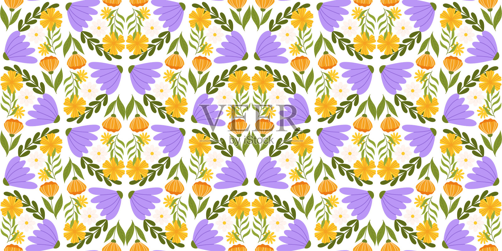 无缝表面设计展示花卉元素。以植物为灵感的重复织物或墙纸图案，黄色，橙色和相当大的丁香花，各种叶子。插画图片素材