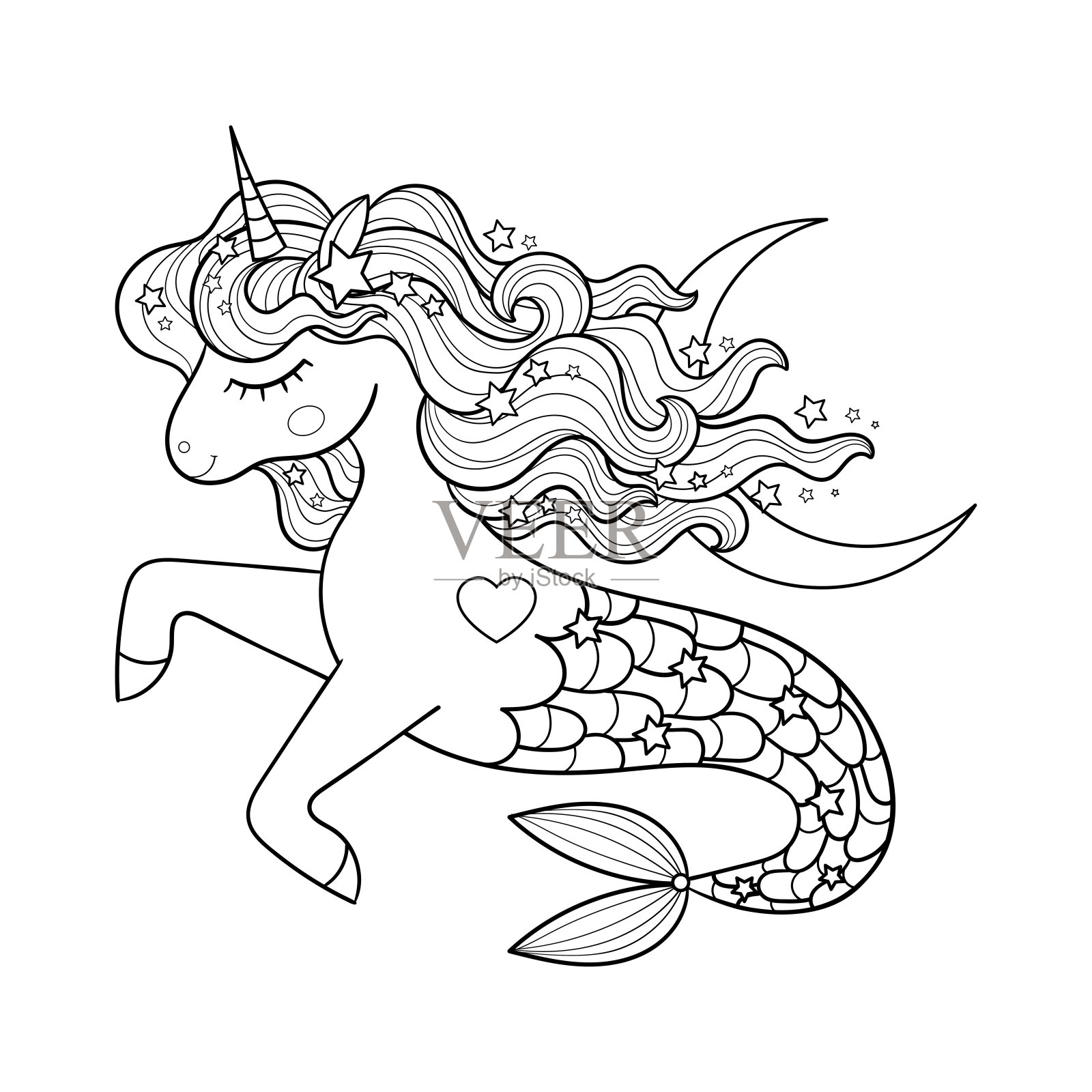 PrintCute卡通海独角兽。黑白线性绘图。矢量图插画图片素材