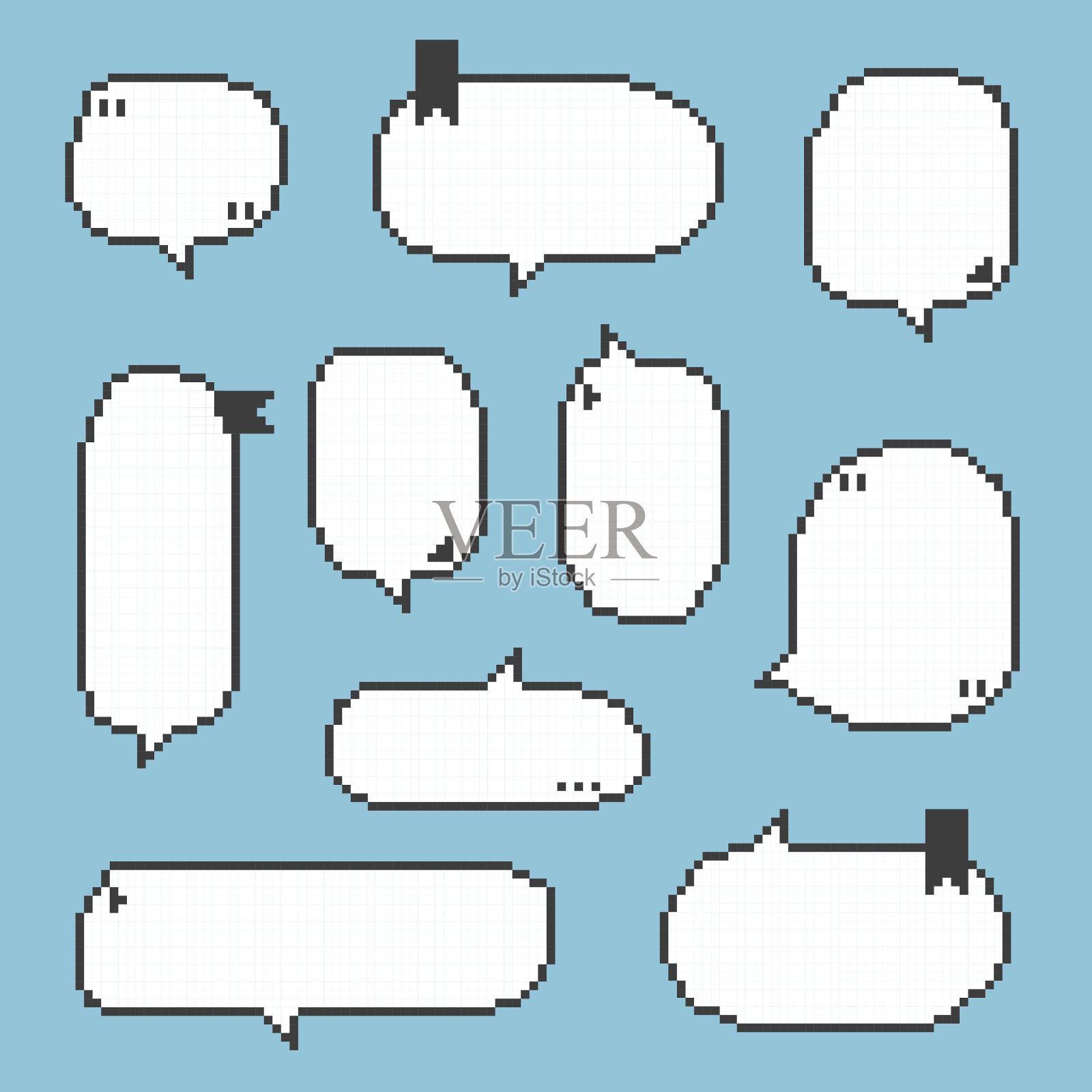 复古游戏3d 8位像素语音气泡气球集合，带有引号，文本框横幅，黑白两色插画图片素材