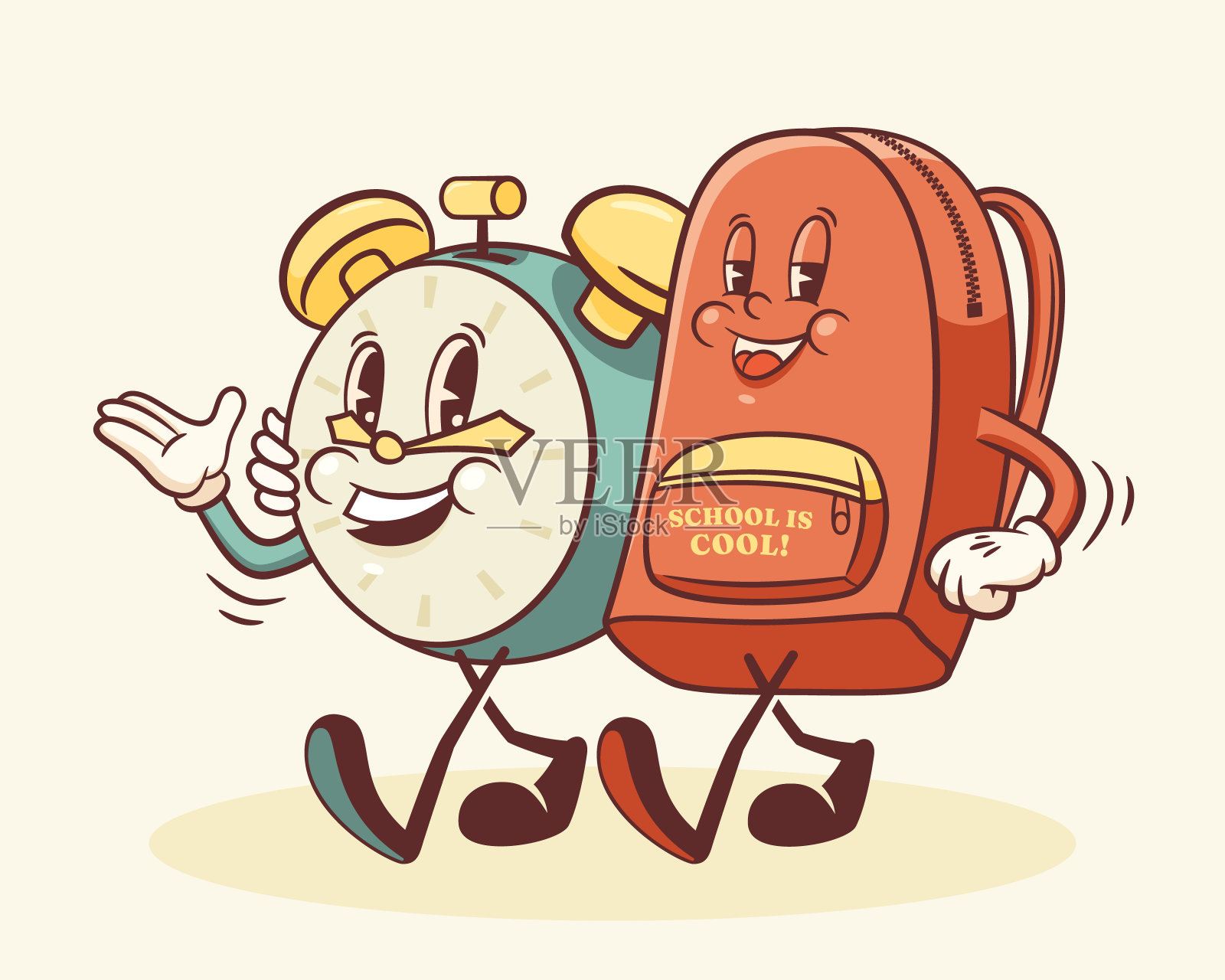 绝妙的返校复古人物。卡通闹钟和背包。矢量教育吉祥物模板。快乐复古酷学习人物插图孤立插画图片素材