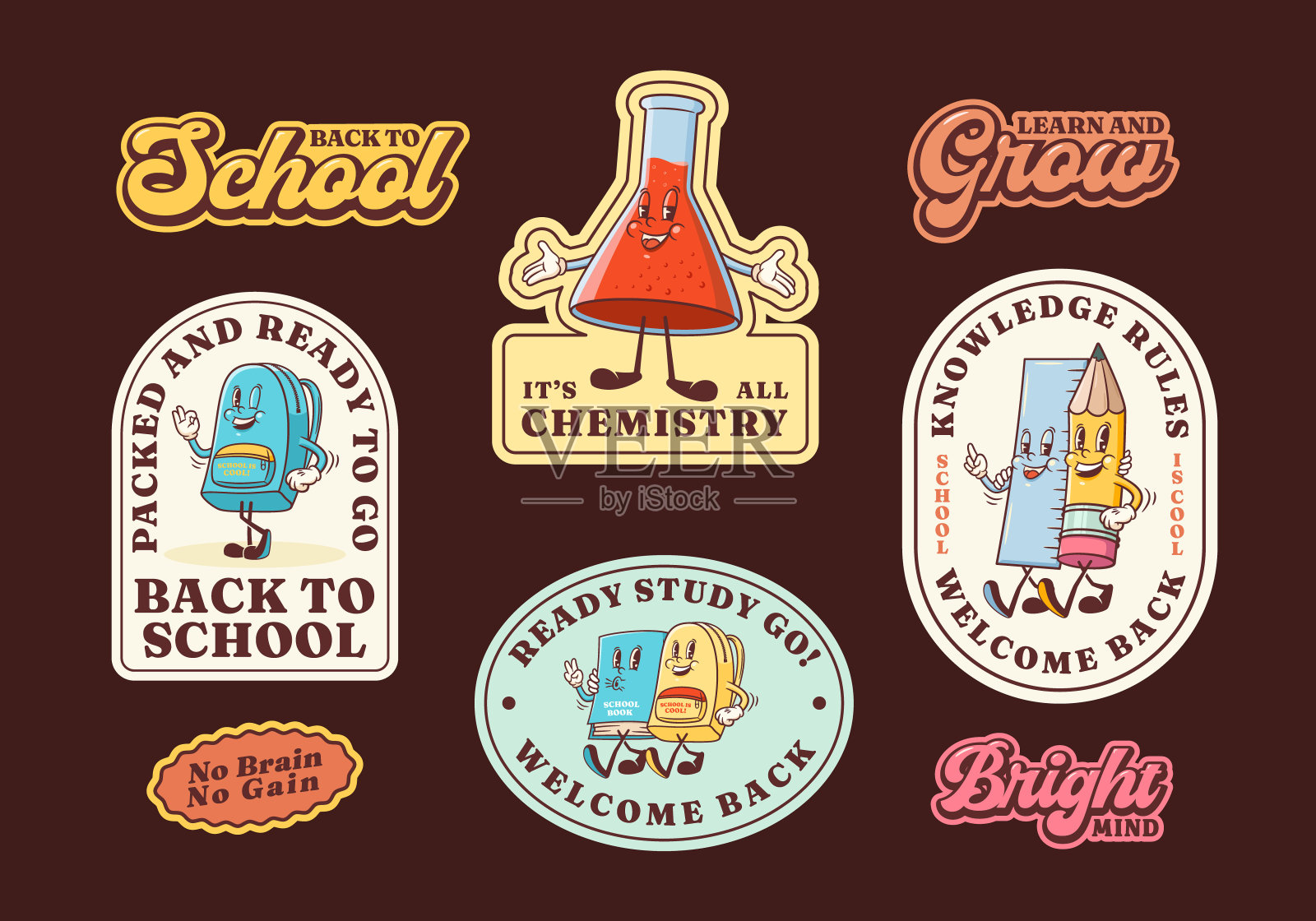 Groovy回到学校复古贴纸集卡通铅笔，书，背包，化学烧瓶标签矢量教育吉祥物贴纸模板。快乐复古酷学习人物插图孤立插画图片素材
