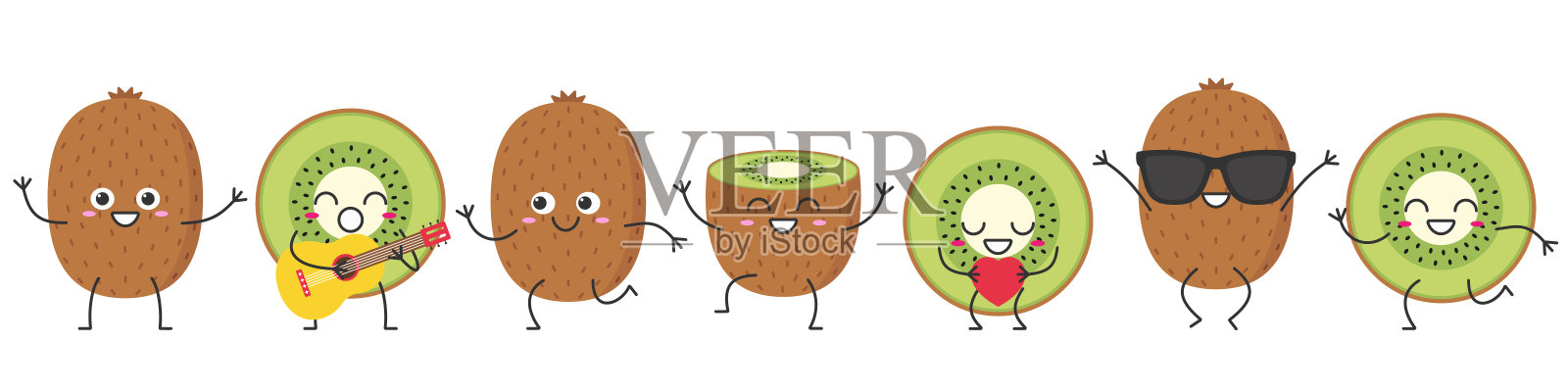 集猕猴桃人物卡通问候跳跃爱唱歌跑可爱有趣的笑脸快乐快乐的情绪图标矢量插图。插画图片素材