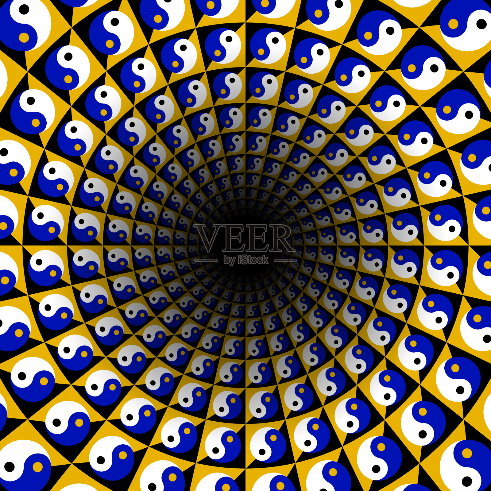 彩色阴阳符号的圆形图案。似乎它们在黑洞周围缓慢旋转。视错觉背景音乐派对海报设计。插画图片素材