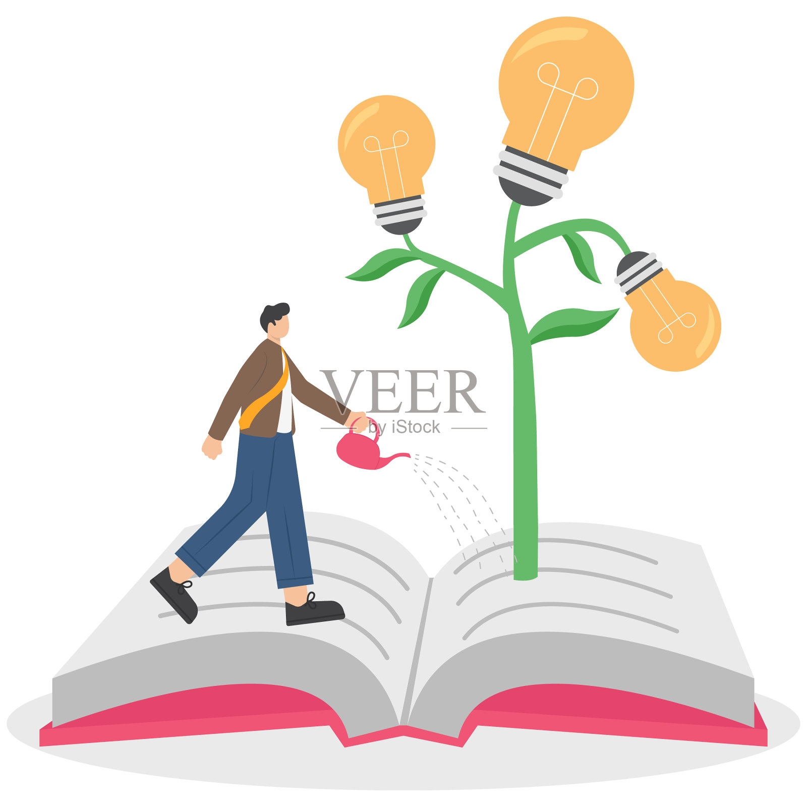 拿着书指着灯泡植物的人。学习和获取新知识以进行创新。达到目标或成功的智慧。智力或逻辑的发展。向量插画图片素材