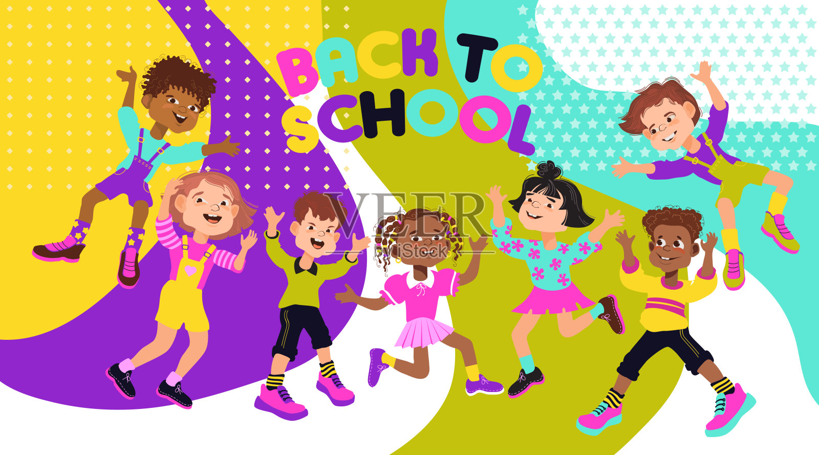 回到学校，教育理念。一群快乐的孩子。向量。插画图片素材