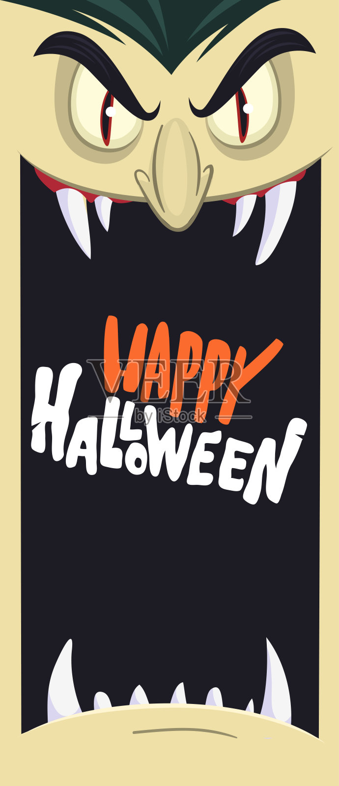 万圣节快乐。德古拉伯爵的脸化身。可爱的卡通吸血鬼角色，张大嘴巴，舌头，尖牙。插画图片素材