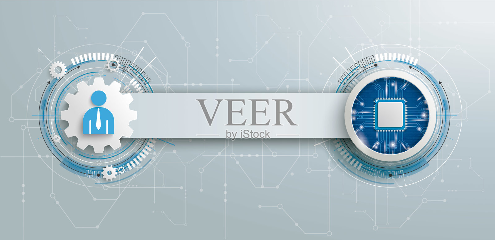 人与微芯片和电子原理图与横幅在灰色背景。Eps 10矢量文件。插画图片素材