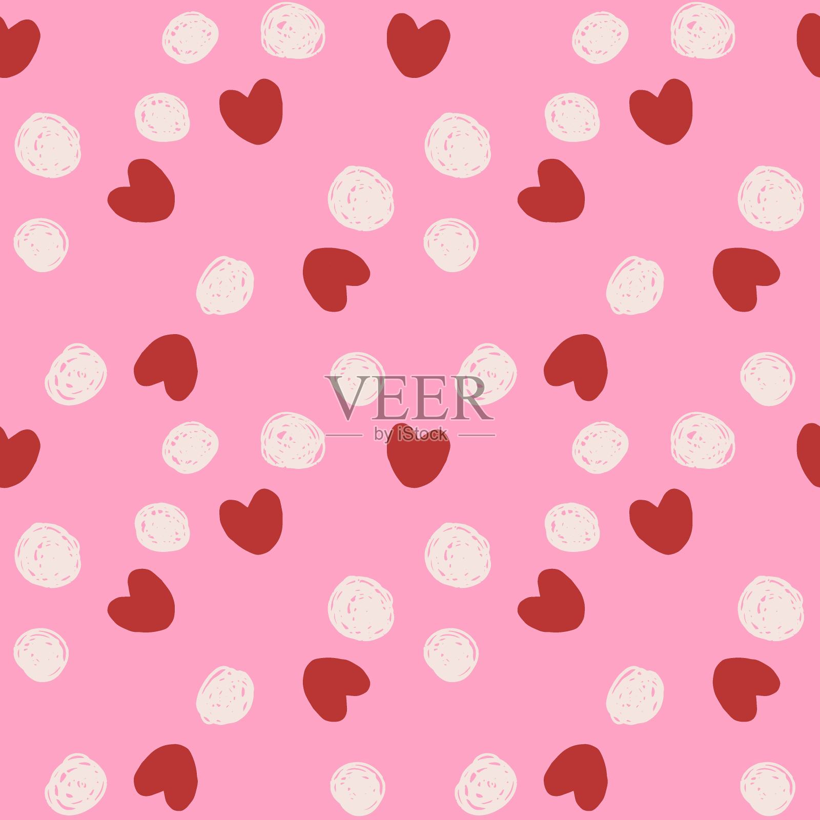 心和点在粉红色的背景无缝图案。爱情，婚礼，浪漫，母亲节简单极简的背景。纺织和造纸设计。插画图片素材