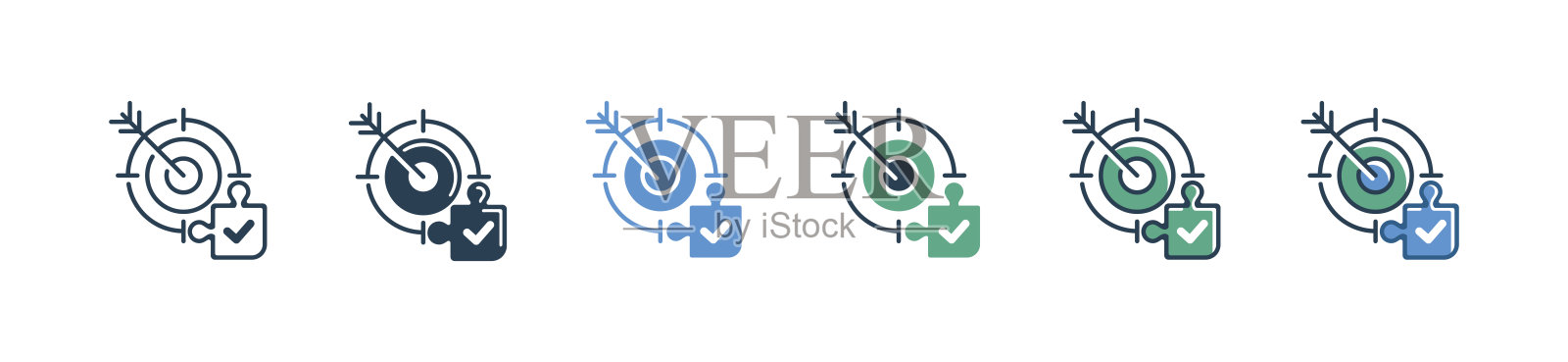 箭头目标业务解决方案与拼图碎片创新的想法勾选图标矢量公司成功的目标镖目标批准的工作符号说明插画图片素材