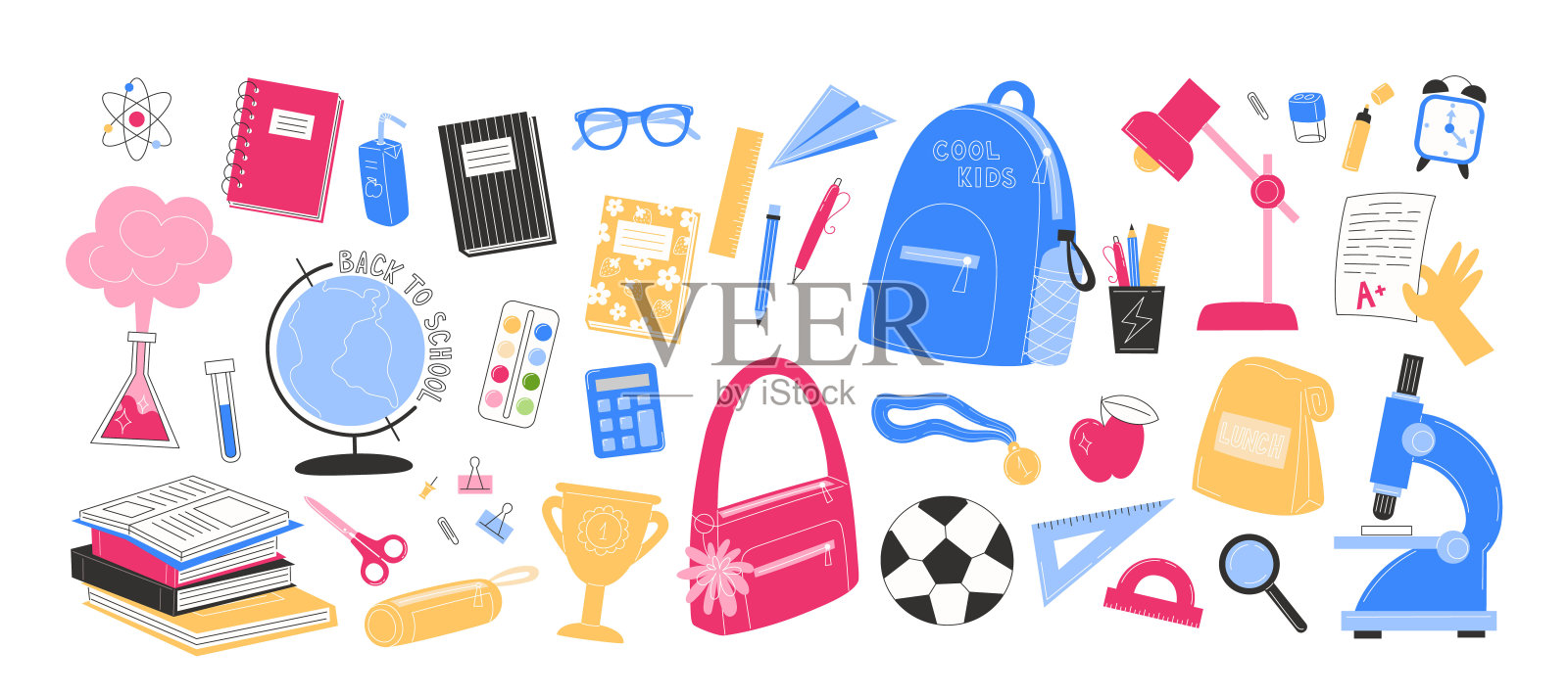 一套可爱的学校用品元素在平面风格插画图片素材