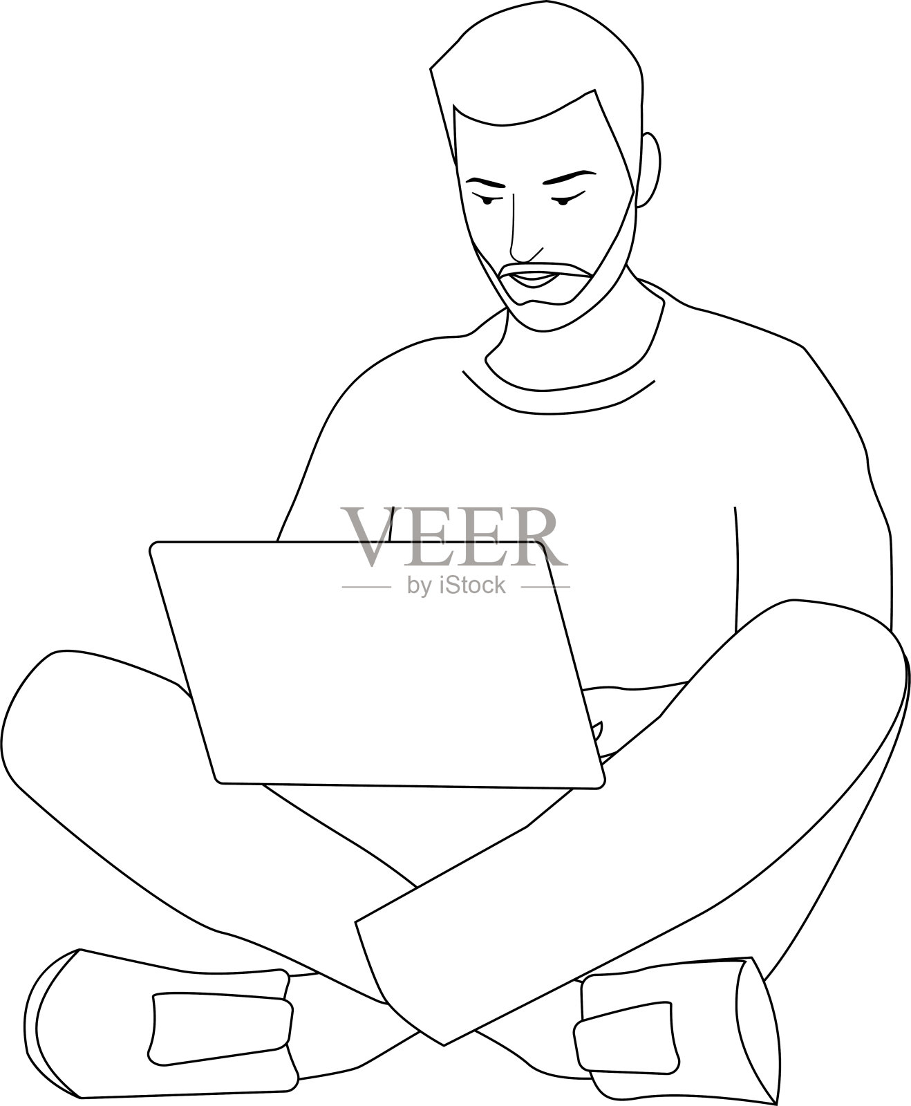 年轻人坐在笔记本电脑前。用电脑工作。自由职业者。在线教育。轮廓矢量插图。透明背景。插画图片素材