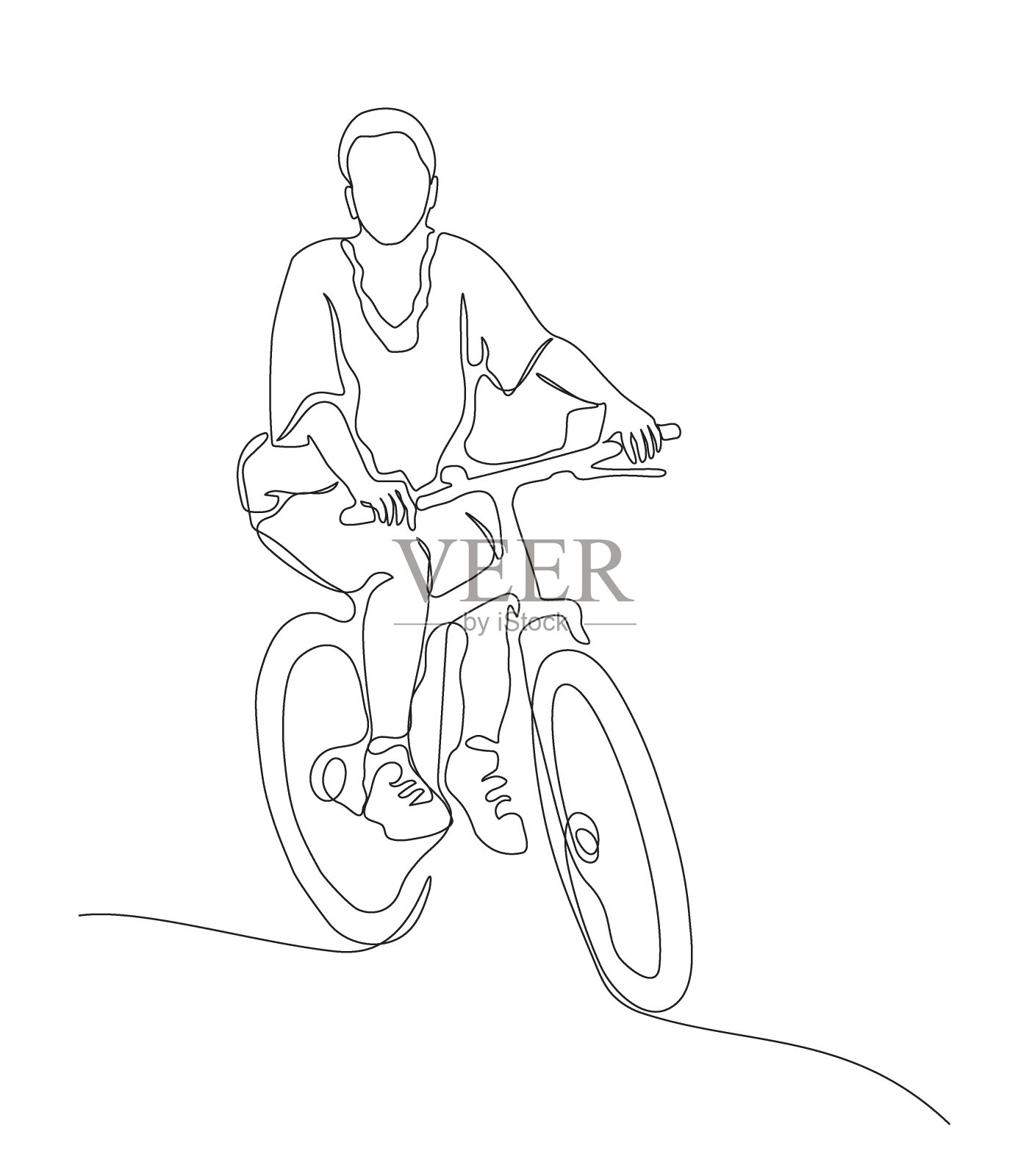 骑自行车的女人把手机装在方向盘上。连续线条绘制。黑白矢量插图在线艺术风格。插画图片素材