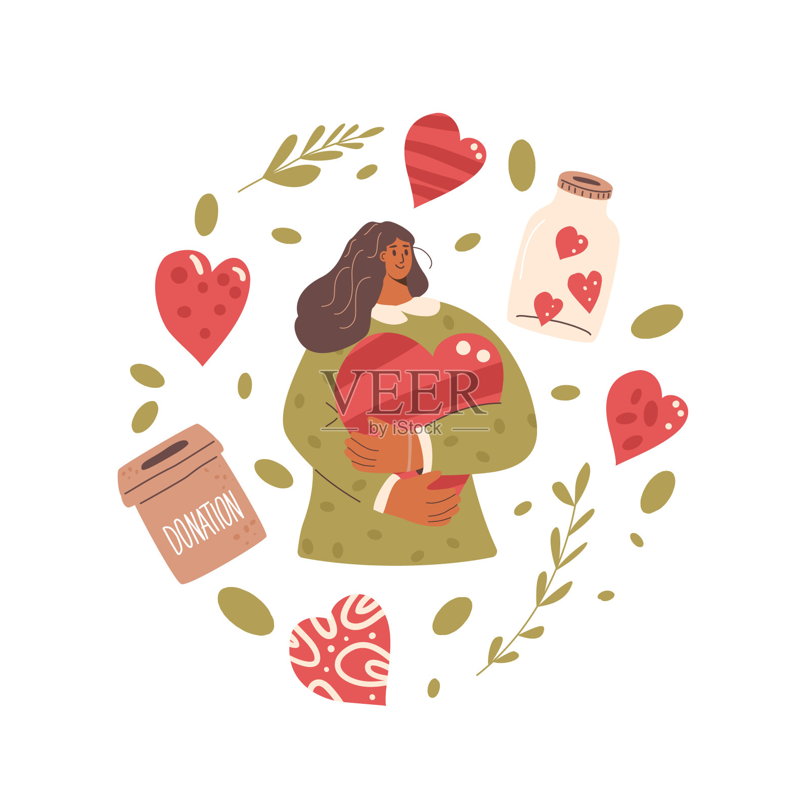 白色背景上孤立的慈善圆形标志。青年女志愿者用捐款箱和心形装饰圆形标签组成。矢量手绘插图。插画图片素材