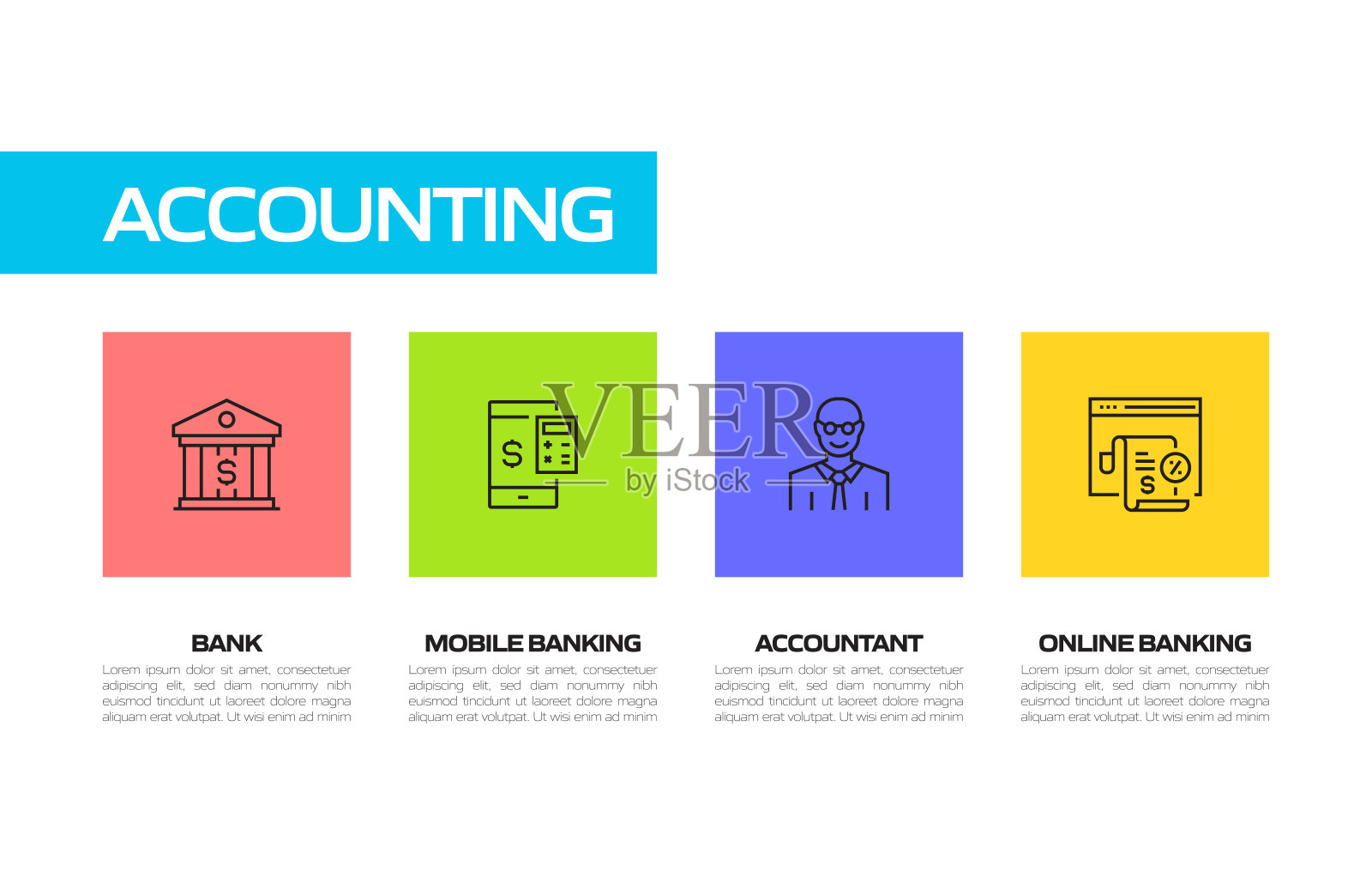 会计线图标集。会计、货币、金融、公司业务、银行、税务、财务报表。插画图片素材