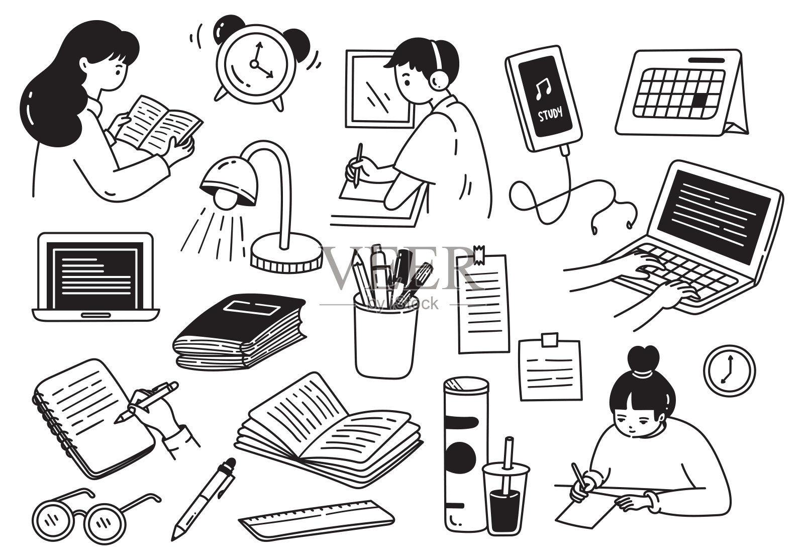 学习和教育涂鸦图标-矢量插图集(黑色和白色)插画图片素材