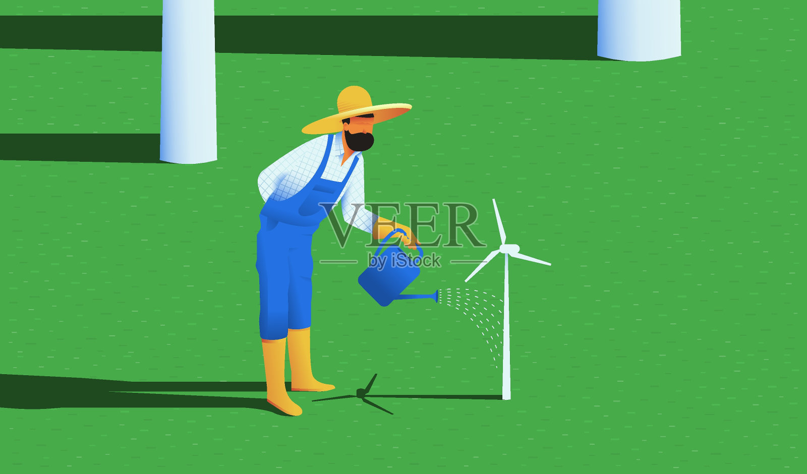 园丁浇灌生长的风力涡轮机插图插画图片素材