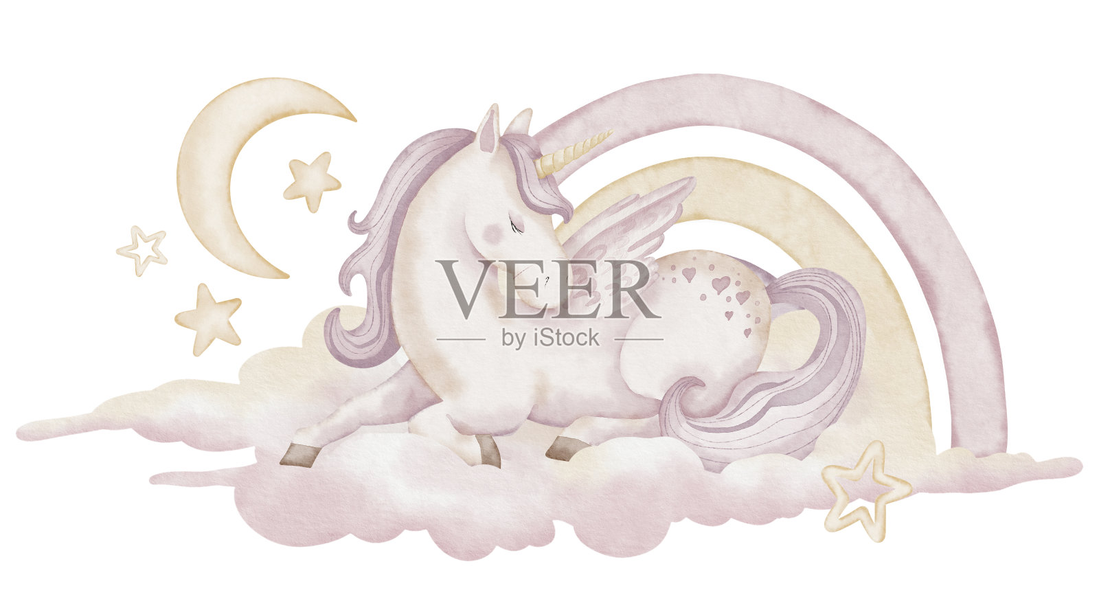独角兽在云与星星和彩虹水彩插图。画可爱的小马与角和翅膀的婴儿贺卡或幼稚的生日邀请。女孩的小马插画图片素材