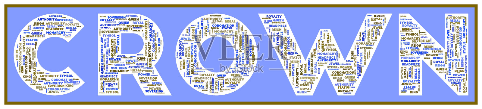 用不同大小的相关关键字填充的CROWN文本。冠字云。真实的矢量插图。插画图片素材