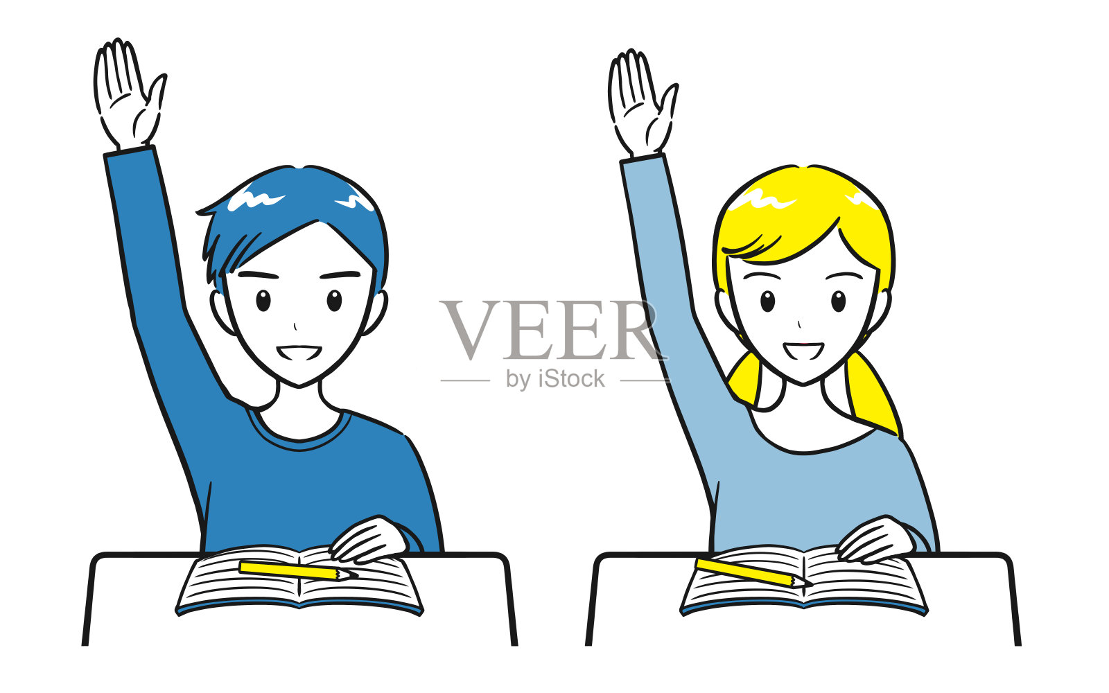 一群在课堂上积极举手的小学生(简单)插画图片素材