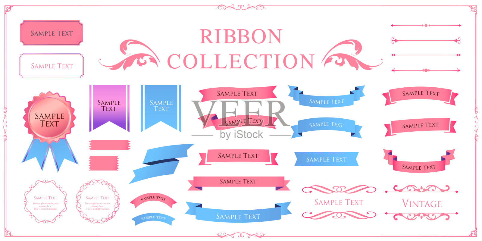 丝带装饰设计集和古色古香的边框和框架设计插画图片素材