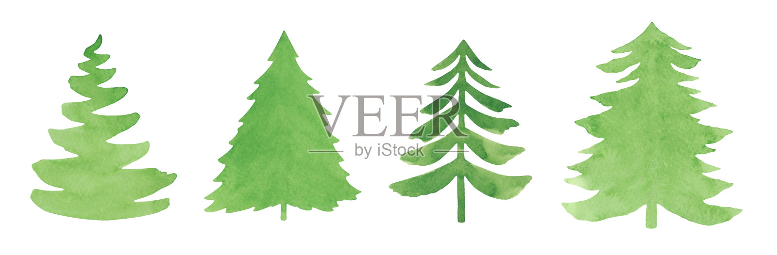 一组手绘的绿色圣诞树孤立在白色背景上，水彩插图。插画图片素材