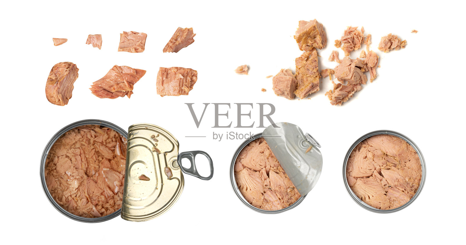 采购产品金枪鱼分离罐头，长鳍鱼块在开放锡罐，金枪鱼油保存，海鲜保存在白色照片摄影图片