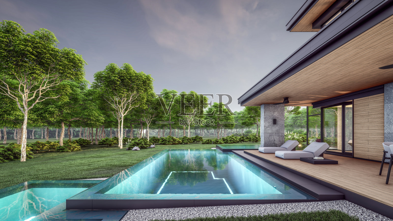 3D渲染：傍晚灰色和木质装饰的现代双层住宅照片摄影图片