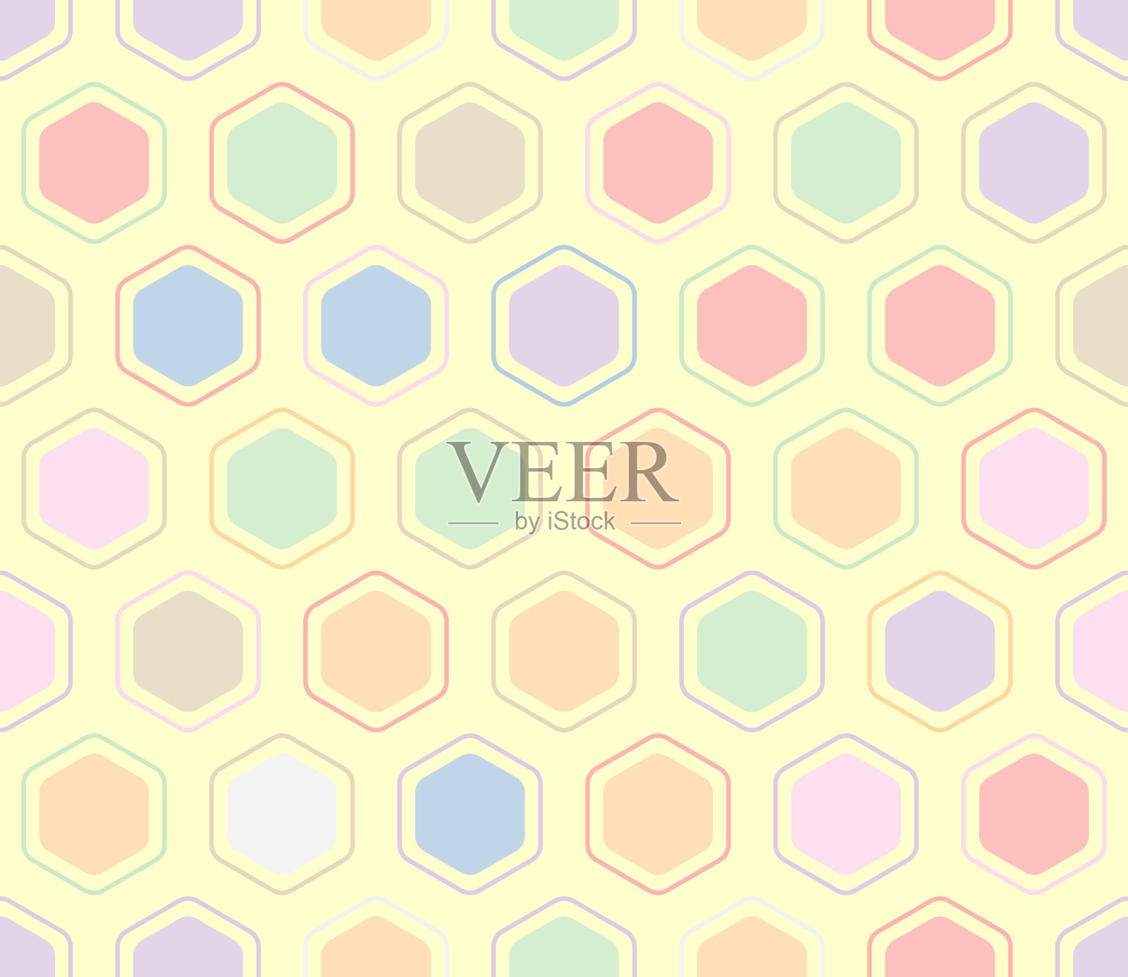 矢量科学背景。带有填充和内部实体单元的圆形六边形马赛克单元。大的六边形。多色调调色板。无缝模式。可平铺矢量插图。插画图片素材