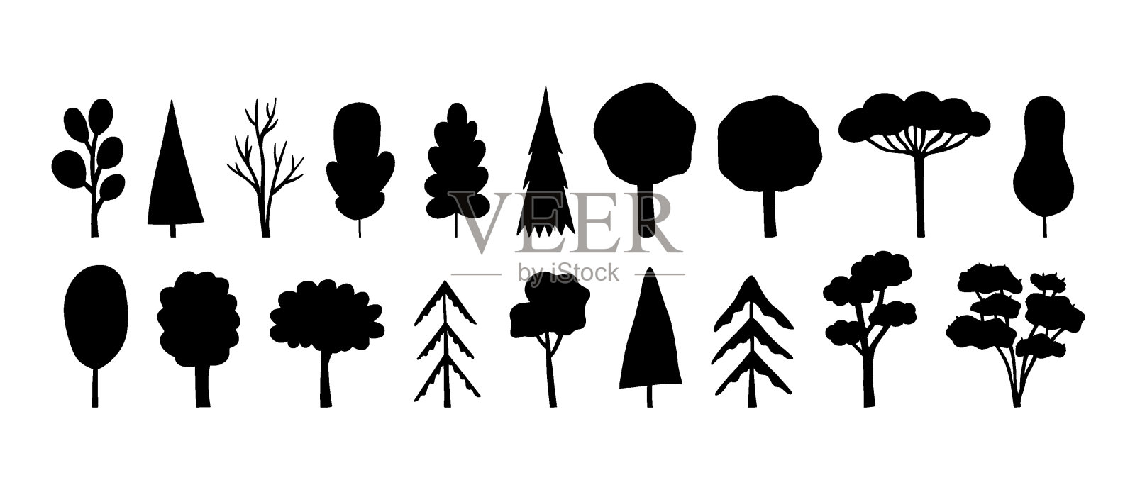 矢量轮廓的卡通树在黑色。可爱的手绘套装插画图片素材