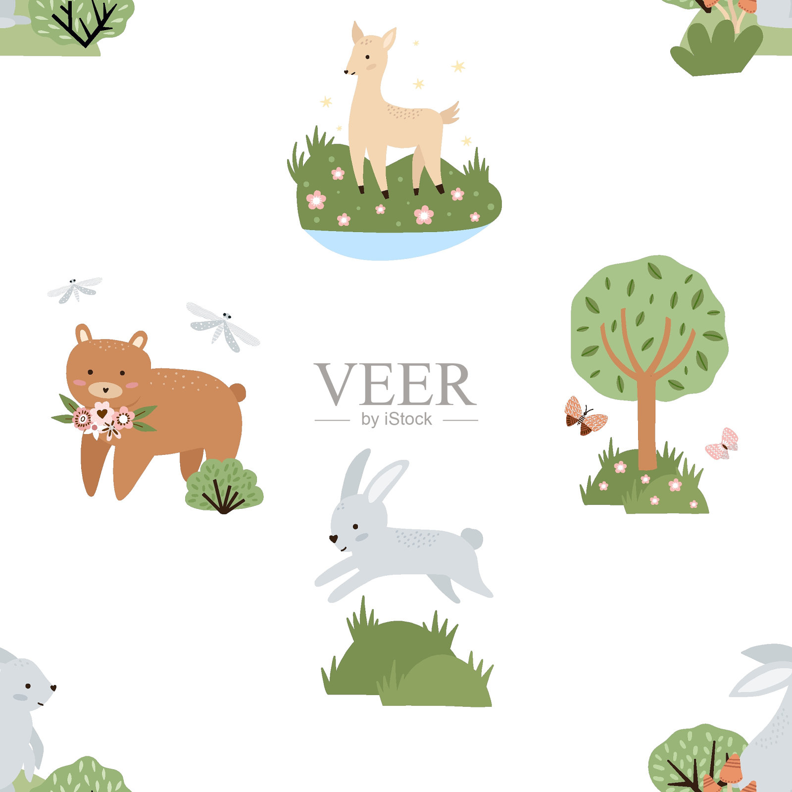 矢量无缝森林模式。可爱的儿童插图与野生森林，灌木，草和野生动物在时尚的风格与纹理。插画图片素材