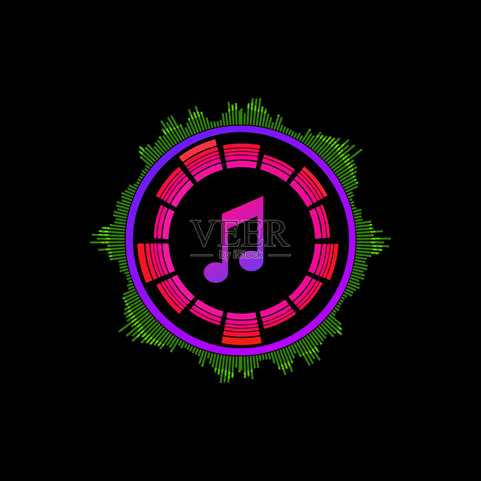 明亮的氖粒子在孤立的黑色背景上放射声波。插画图片素材