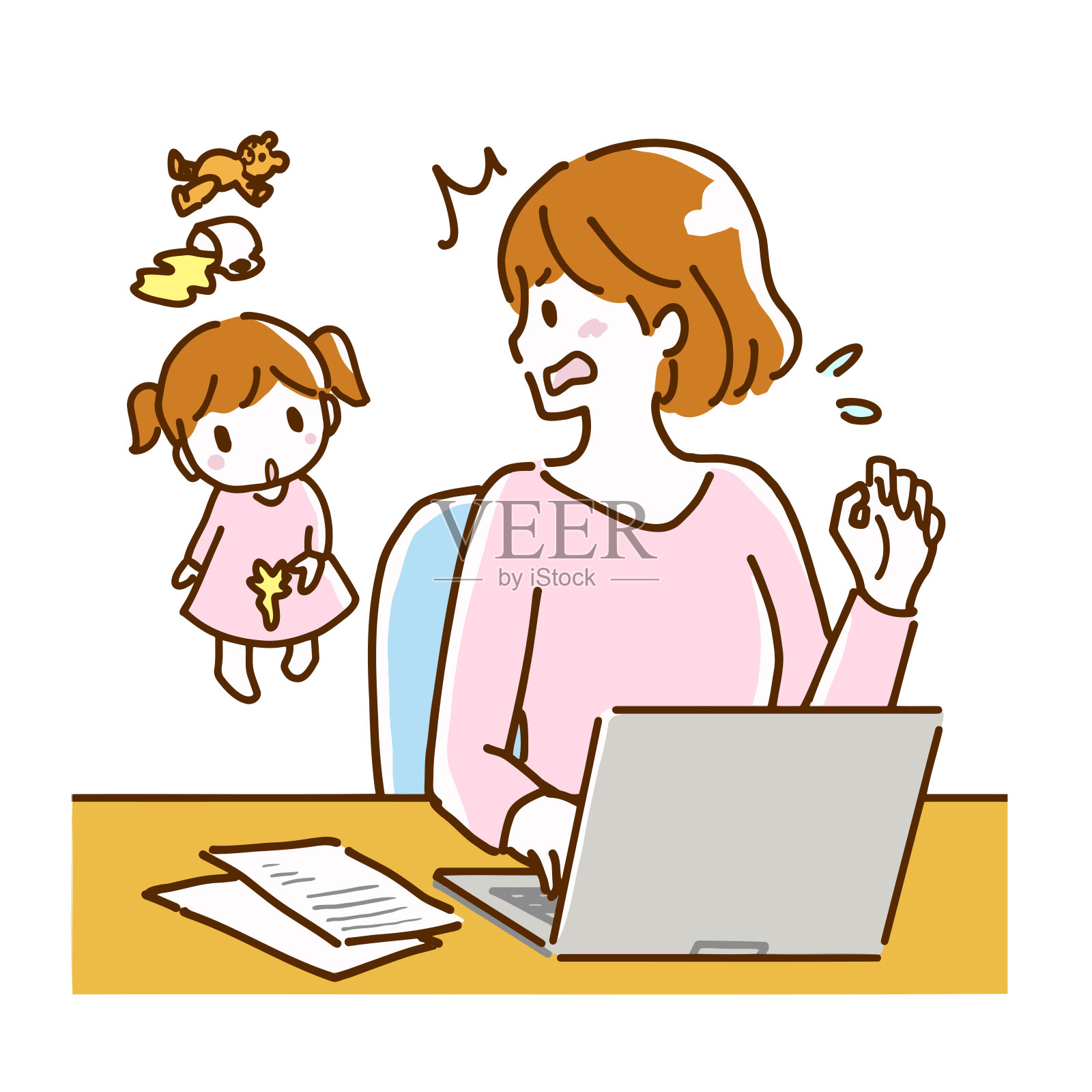 一位年轻的母亲看到她的孩子在家里用电脑工作时洒了一个杯子，弄脏了她的衣服，她惊慌失措。插画图片素材