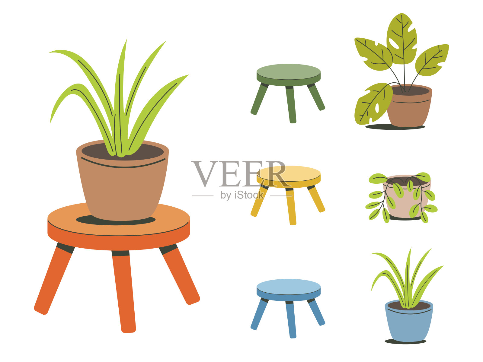 带热带花朵的木制小三脚凳插画图片素材