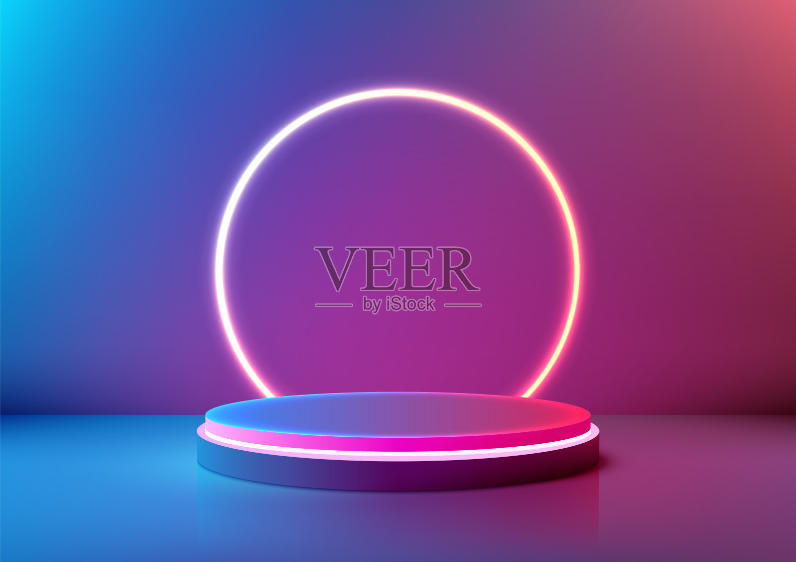 蓝色和紫色渐变背景霓虹灯环的3D未来科技圆形讲台，创新产品展示插画图片素材