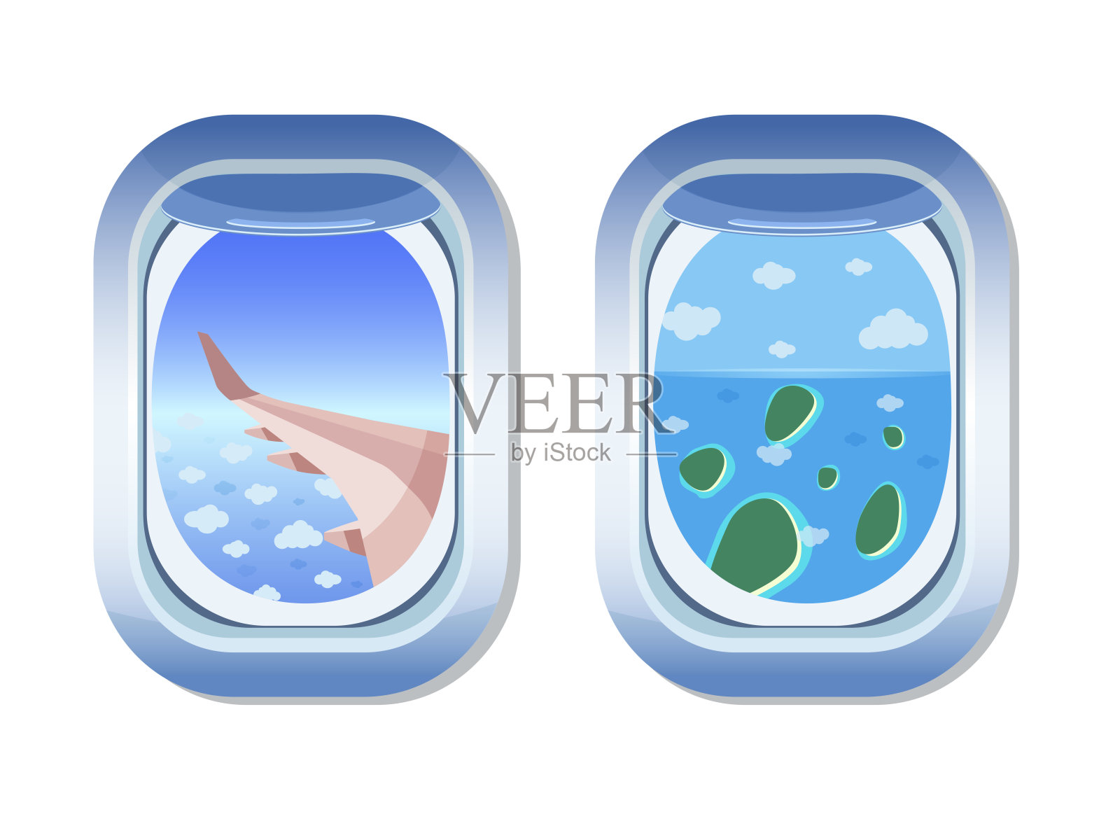 旅游海报。旅行社假期促销商务单张，有飞机窗景插画图片素材