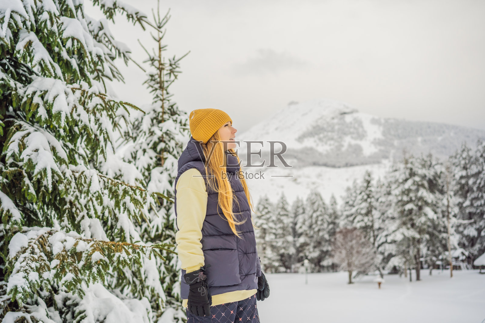 快乐漂亮的年轻白人女性在蓝色的雪林里穿着暖和的衣服和帽子照片摄影图片