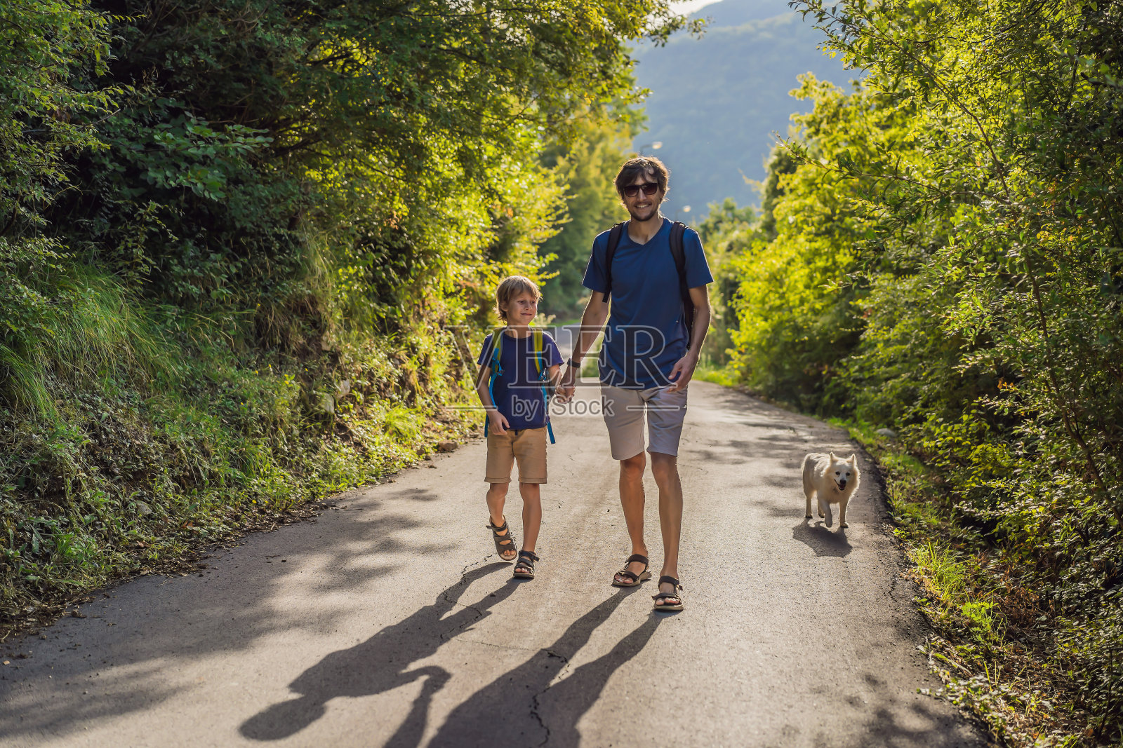 父亲和儿子在国家公园遛狗照片摄影图片
