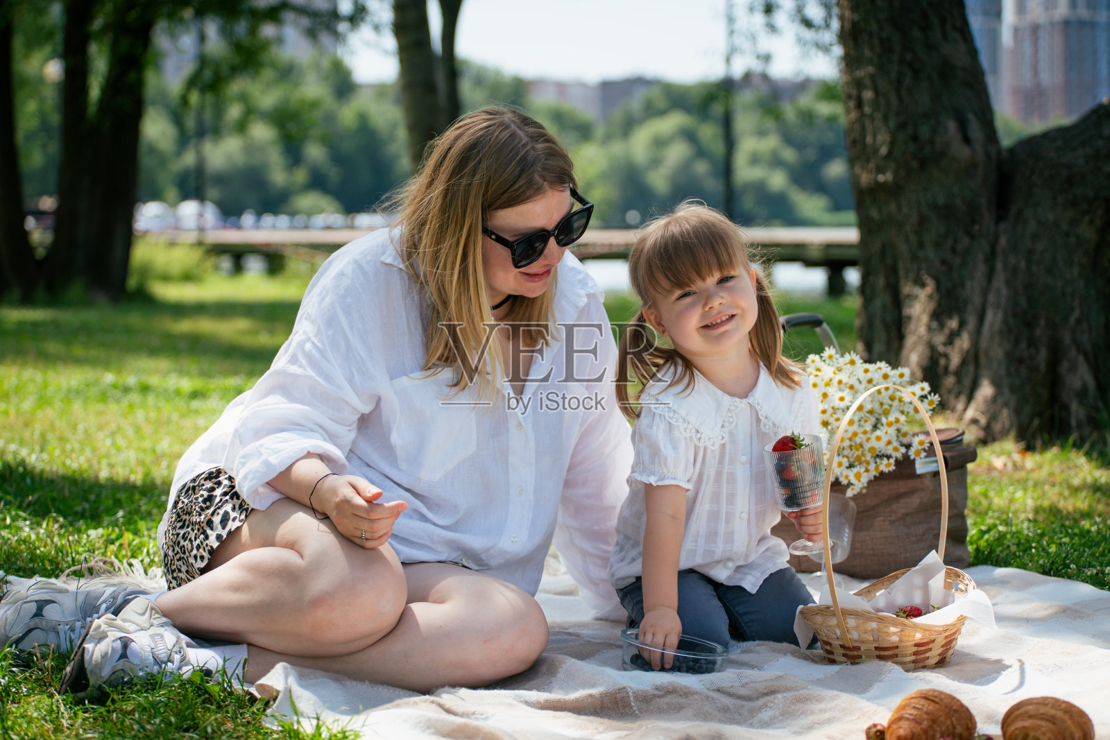 快乐的女儿和妈妈坐在毯子上野餐在夏天的公园照片摄影图片