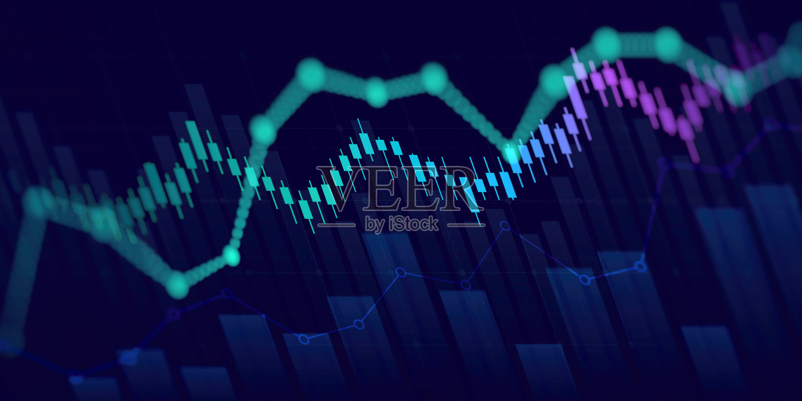 金融图表与向上移动箭头图形在蓝色背景的股票市场照片摄影图片